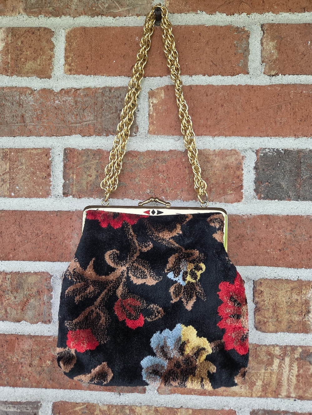 Gold-Handle Black Floral Chenille Velvet Carpet Evening Bag - Picture 7 of 9